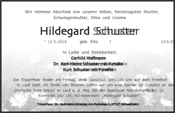 Traueranzeige von Hildegard Schuster von Pegnitz-Zeitung